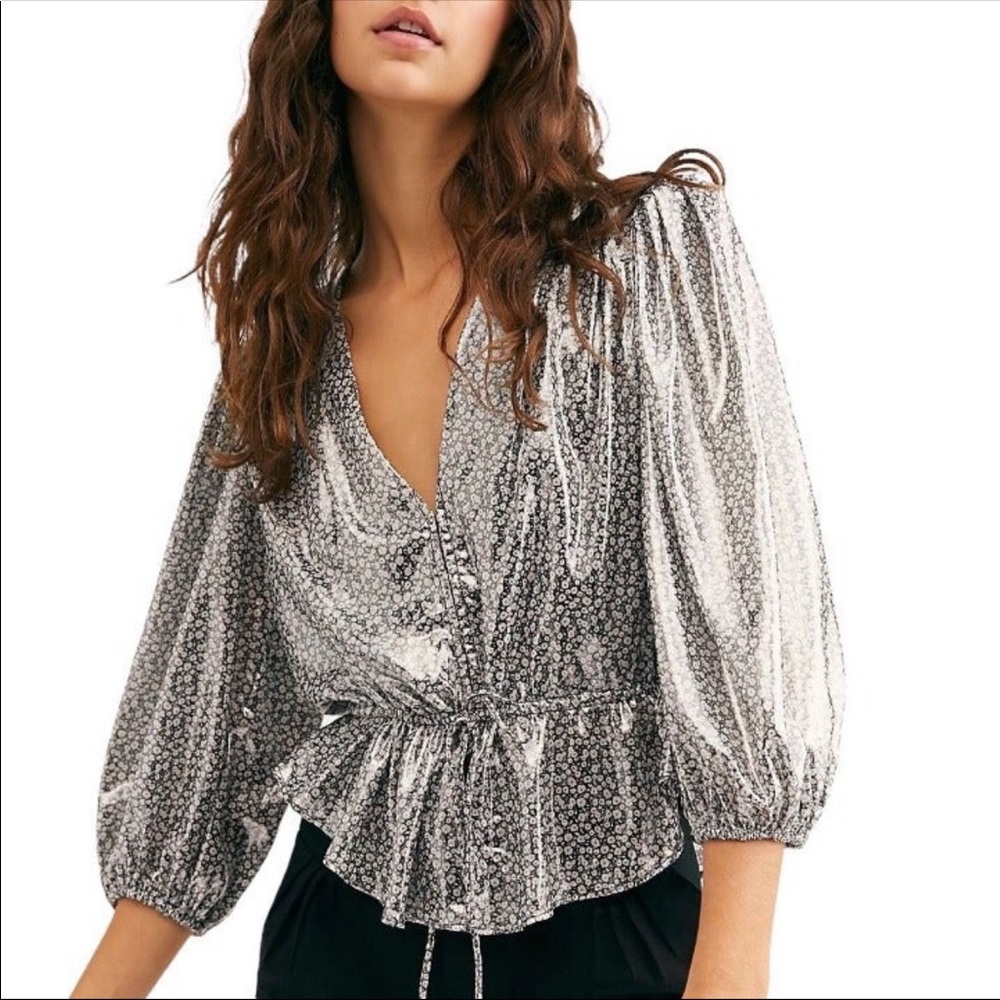 Free People Small Talk That Talk Metallic Silver Floral Puff Sleeve Ruffle Top
